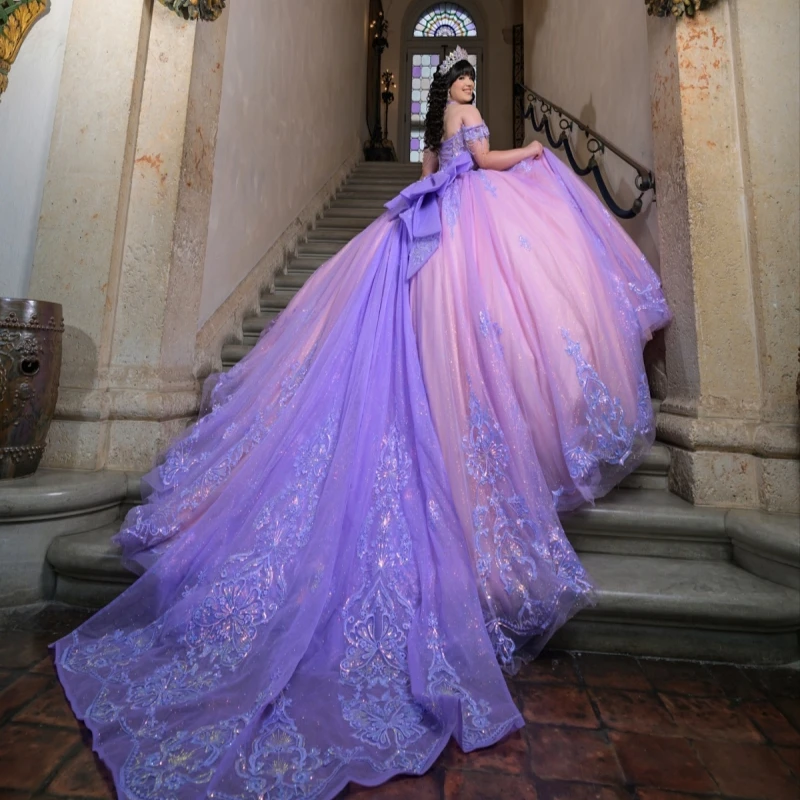 فساتين Quinceanera الخزامى قبالة الكتف الترتر زين الدانتيل الديكور القوس الوردي بطانة مشد حفلة عيد ميلاد الحلو 16 فستان #2