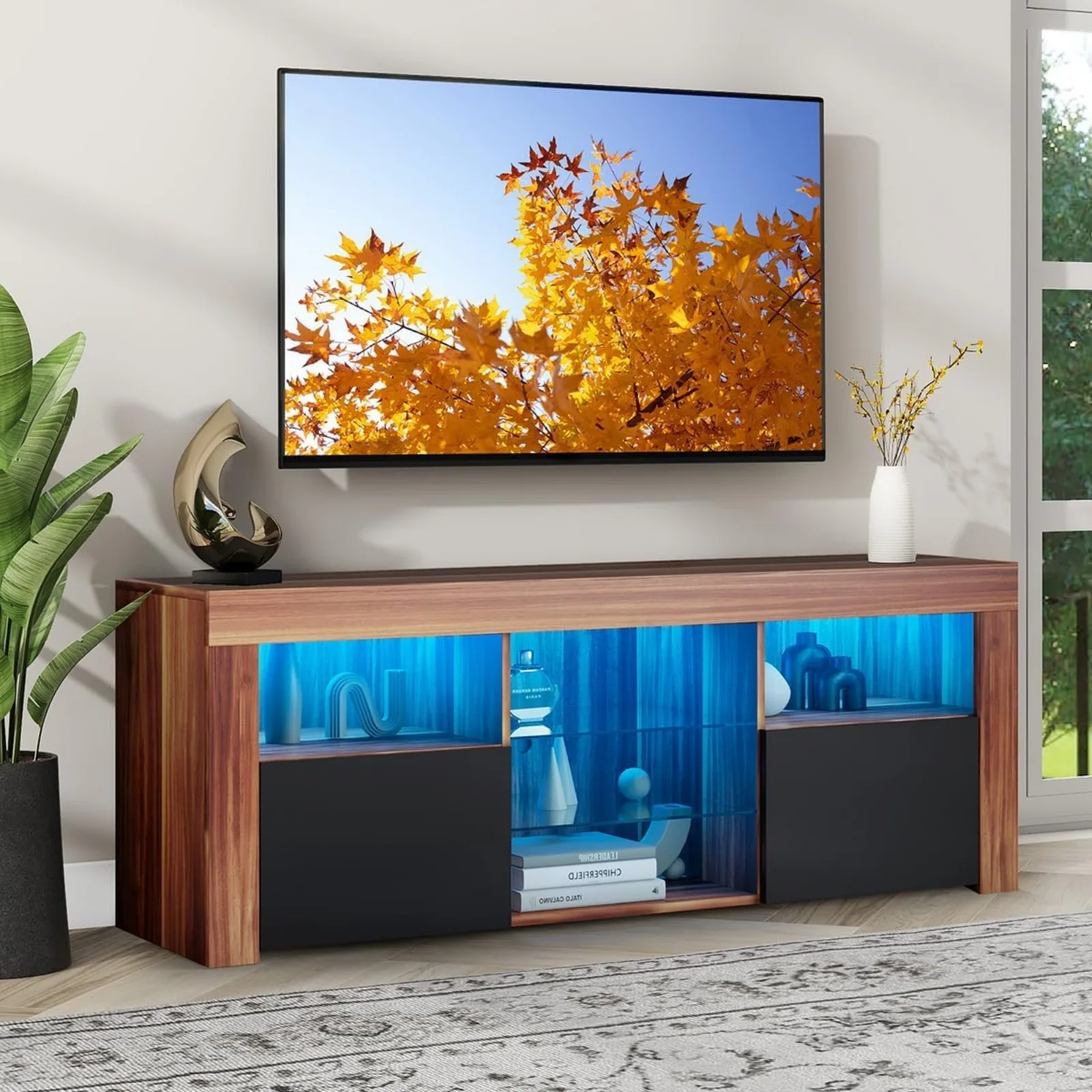 US Airdown Stand 65 Inch, Modern High Gloss Entertainment Center with Glass Shelf,