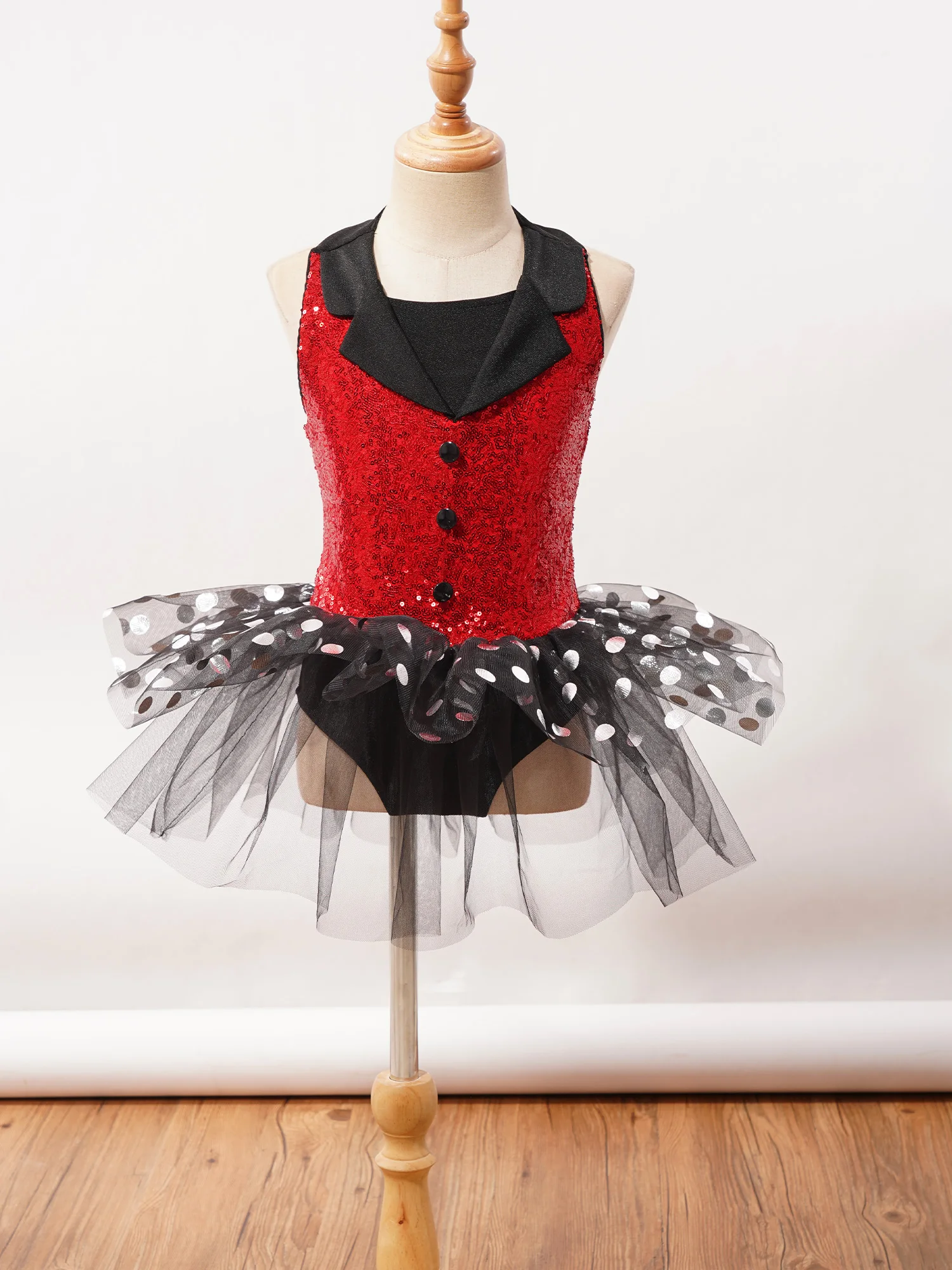 

Kids Ballet Dress Hollow Back Sequins Decor Polka Dots Tutu Children Dance Costumes Girls Ballroom Latin Jazz Stage Clothing