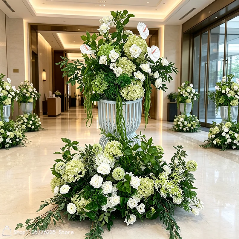 Weiß-grünes künstliches Hochzeitsblumenarrangement aus Rosen und Hortensien, Bodenblumen-Centerpiece für Hochzeitsgang, Bühne, Party und Heimdekoration – Detail 6