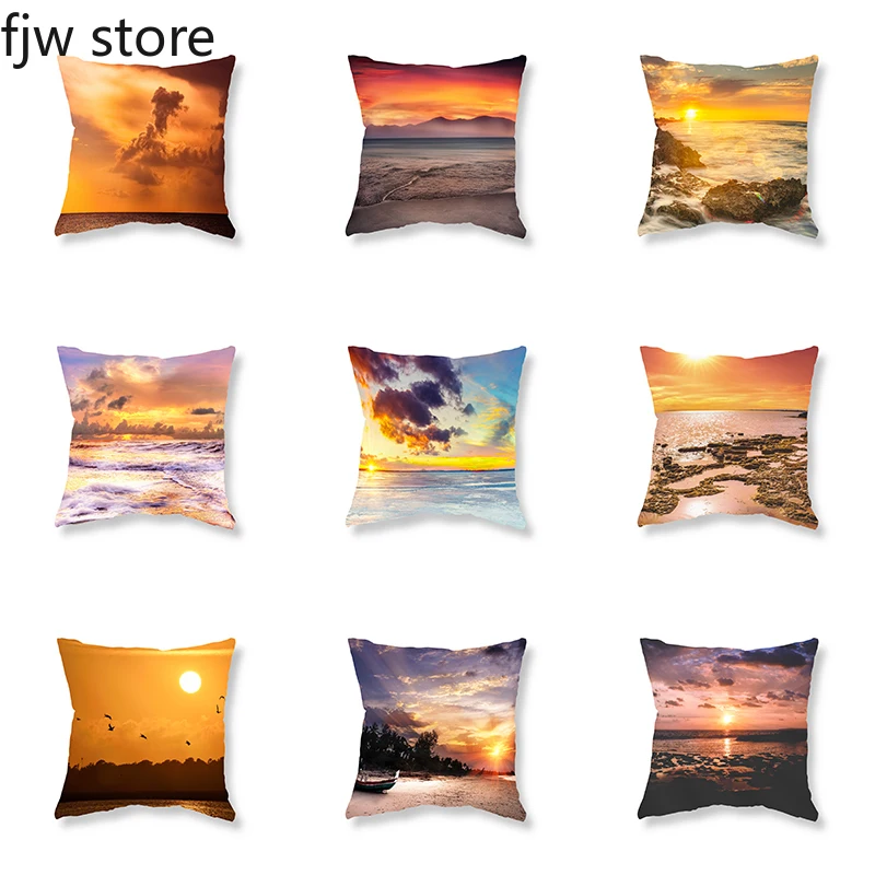 

Beach Sunset Romantic Twilight View Printed Throw Pillow Cover For Sofa Bedroom Room Bedside Cushion Home Decor 45x45cm