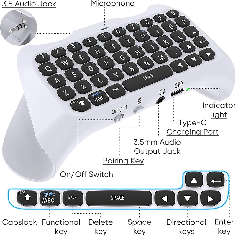 Clavier de contrôleur sans fil Bluetooth portable, Playstation 5, haut-parleur intégré, prise audio 3.5mm, port de charge de type C