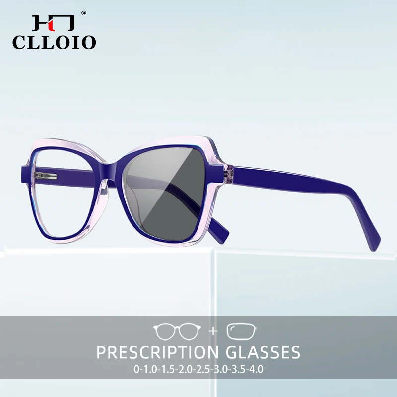 CLLOIO Two-color Spliced Texture Reading Glasses for Women TR90 Cat Eye Myopia Anti-blue light Prescription Photochromic Glasses