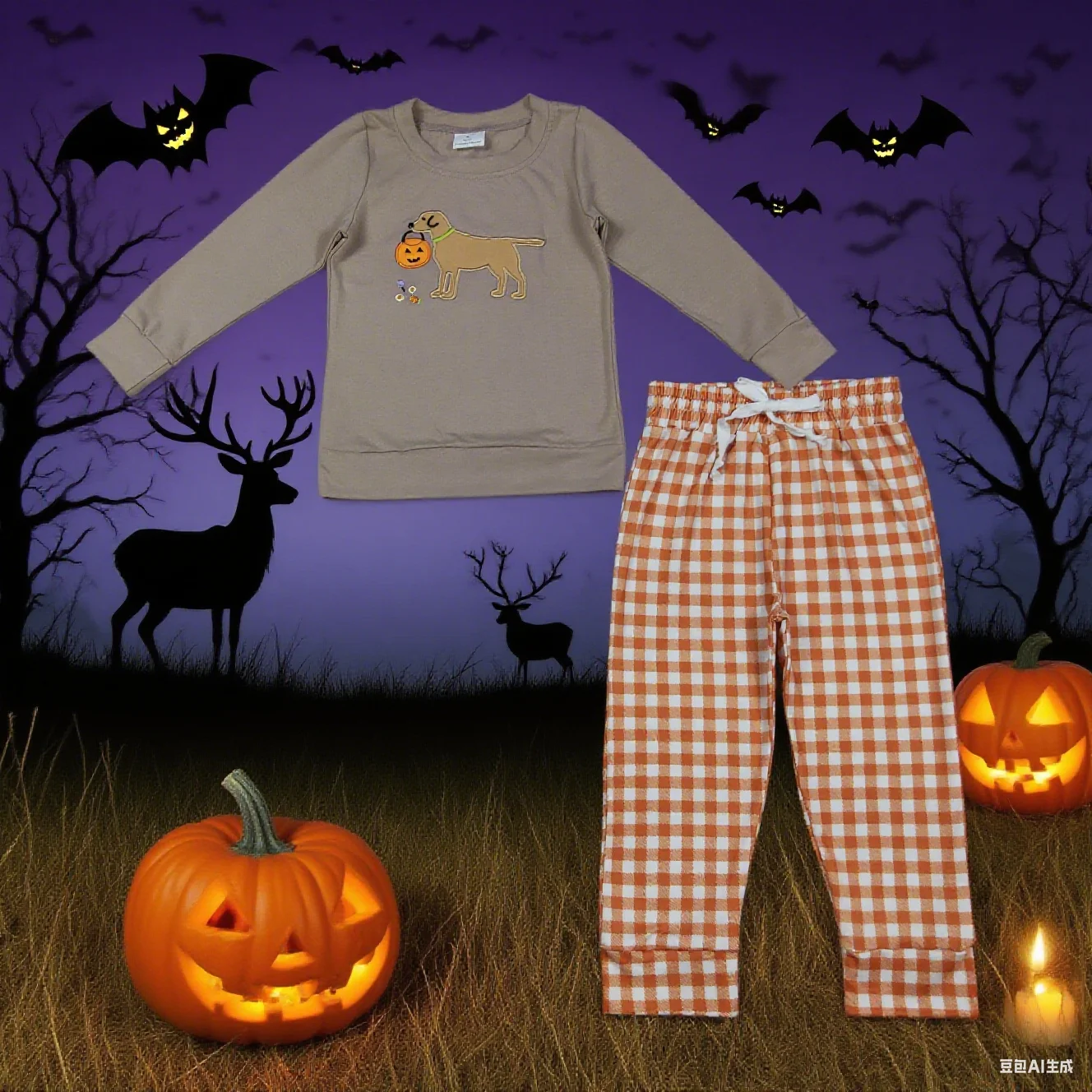 

9.3y Winter children's boys' clothing embroidered Halloween pumpkin lantern puppy long-sleeved orange pants boy suit