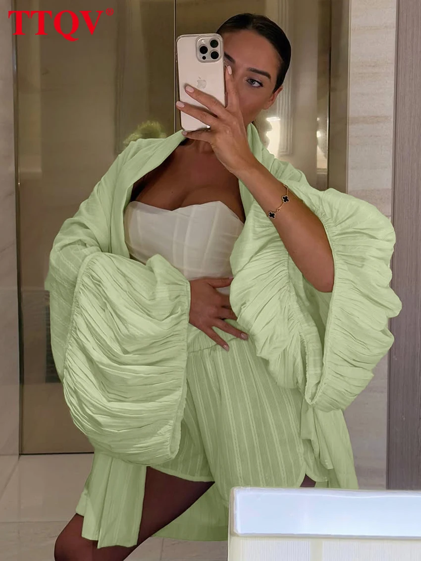 

TTQV Fashion Loose Blue Cotton Women Two Pieces Set 2025 Elegant Long Sleeve Lace-Up Roebs With High Waist Shorts Set Female