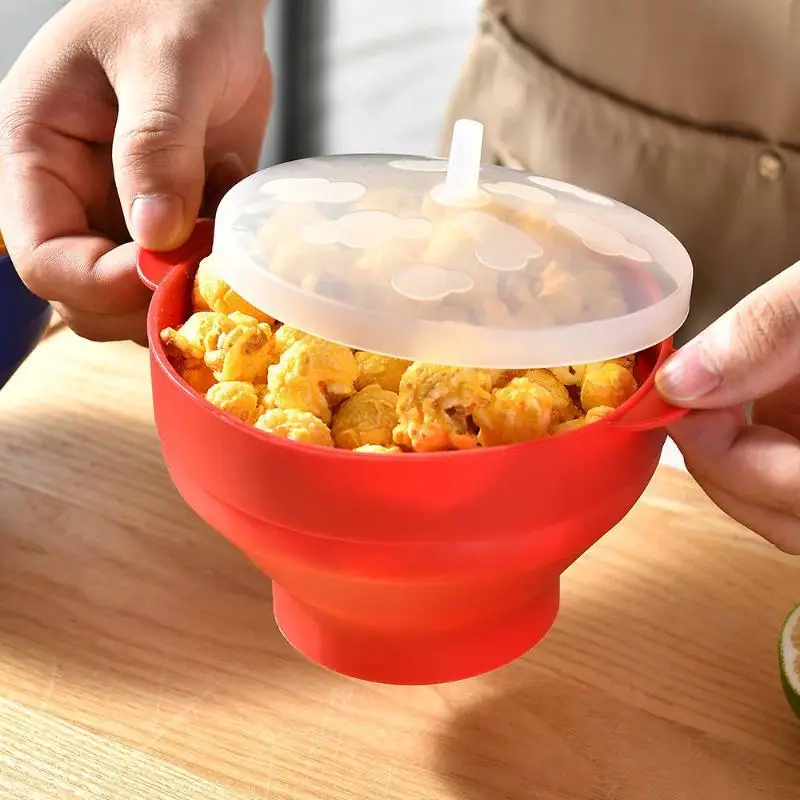 Eco Friendly Collapsible Silicone Popcorn Popper Microwave Bowl with Lid for Home Bar Movie Watching