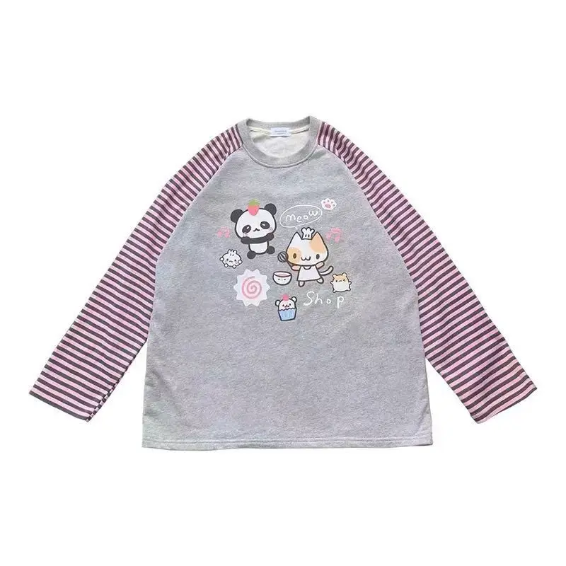 T Shirts For Woman Long Sleeve Top Japan Kawaii Cartoon Anime Print Shirts & Blouses Women\'s OTAKU Y2K Stripe Graphic T Shirts