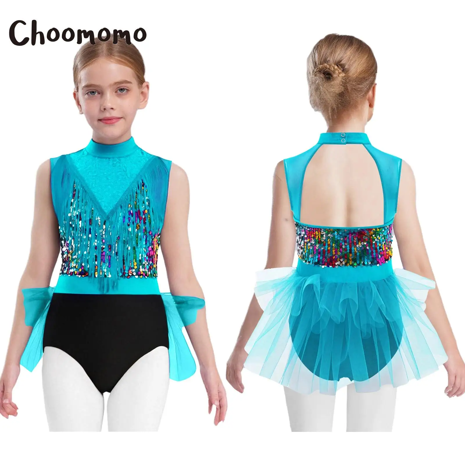 

Girls Ballet Dance Leotard Latin Dance Dress Sleeveless Cutout Back Sequin Tassels Figure Skating Gymnastics Tutu Skirt Bodysuit