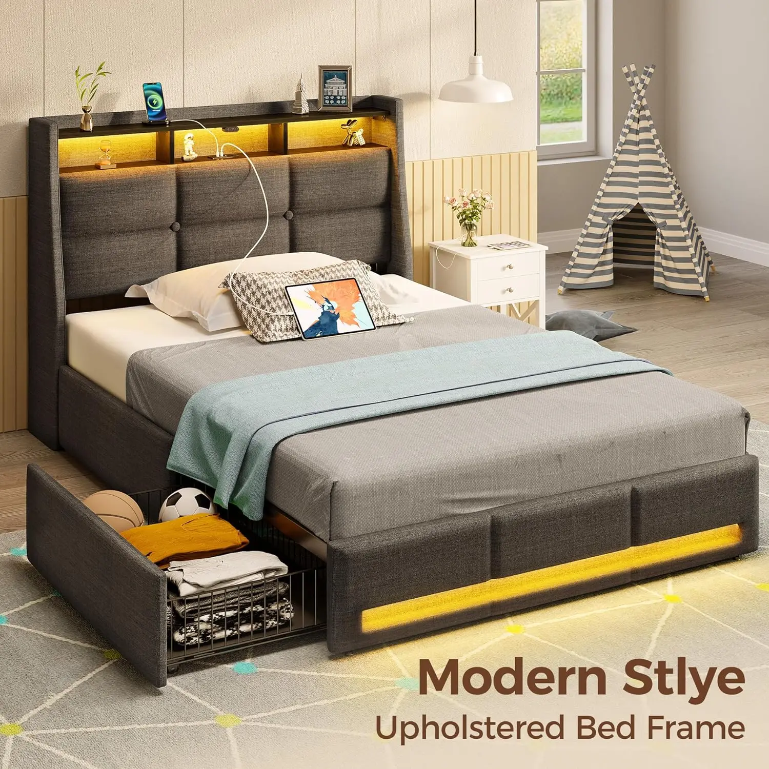 

Twin Size Bed Frame with LED Lights and Charging Station, Upholstered Bed Storage Headboard & Drawers