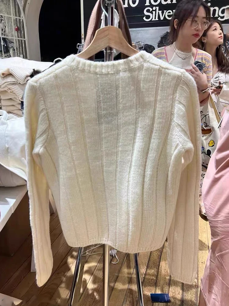 Dolce Beige maglione lavorato a maglia spesso donna autunno caldo cotone scollo a V Casual Pullover top Harajuku Vintage carino maglioni corti Y2k