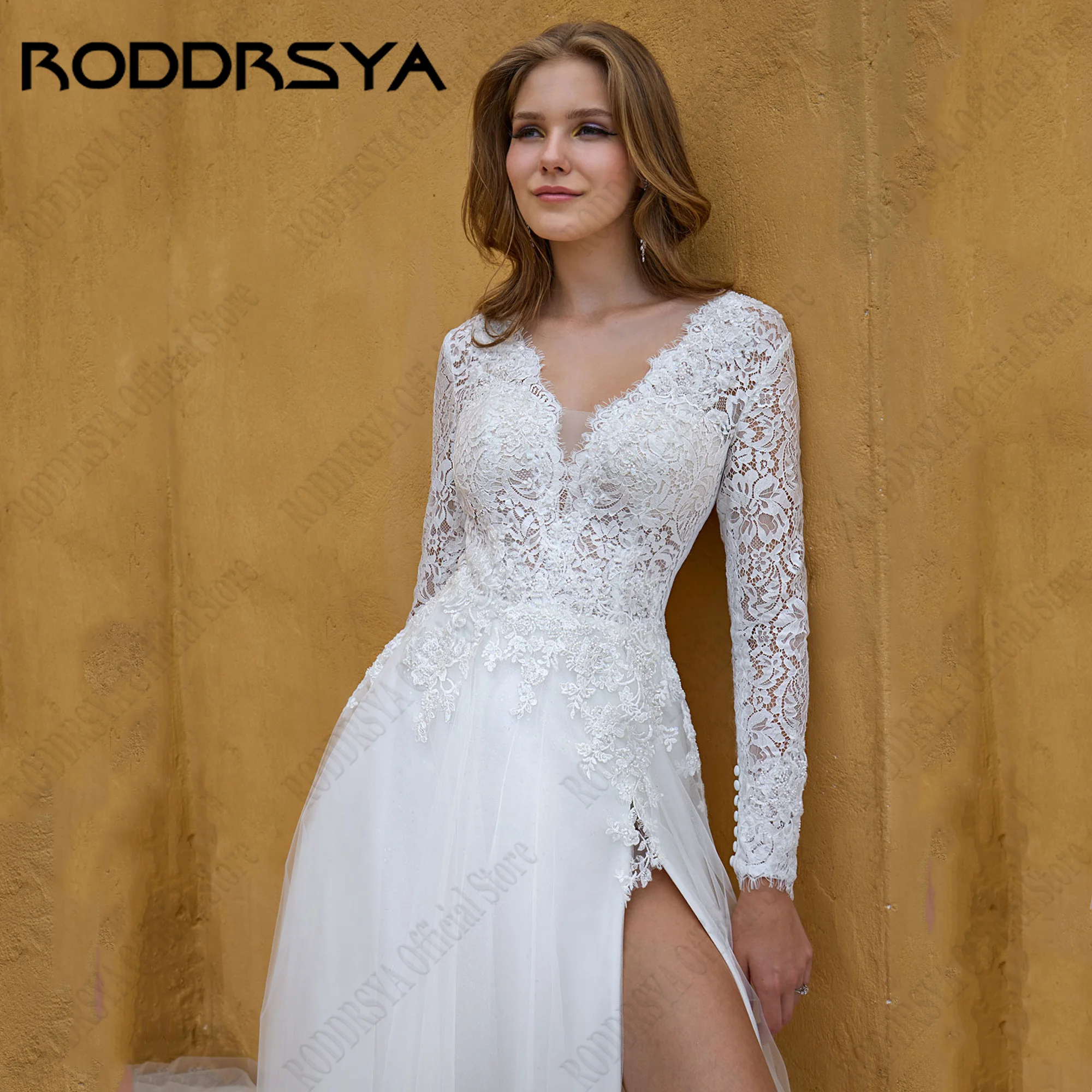 RODDRSYA abiti da sposa Vintage in pizzo con scollo a V con spacco laterale Applique abiti da sposa maniche lunghe abiti da sposa 2024 a-line senza schienaleRODRSYA Vintage Pizzo Abiti da sposa V Neck Side Split Appliq