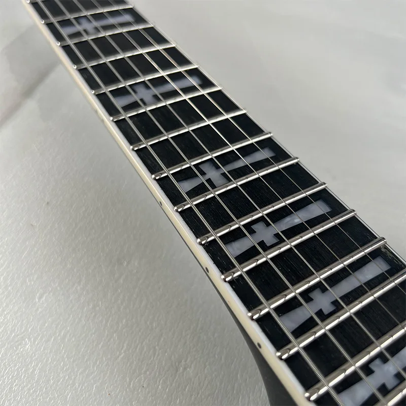 Clearance sale black gloss electric guitar, double sharp cutaway, 6 strings, 22 frets, mahogany, stainless steel fret wires, cross inlay, left/right hand, US warehouse, free shipping