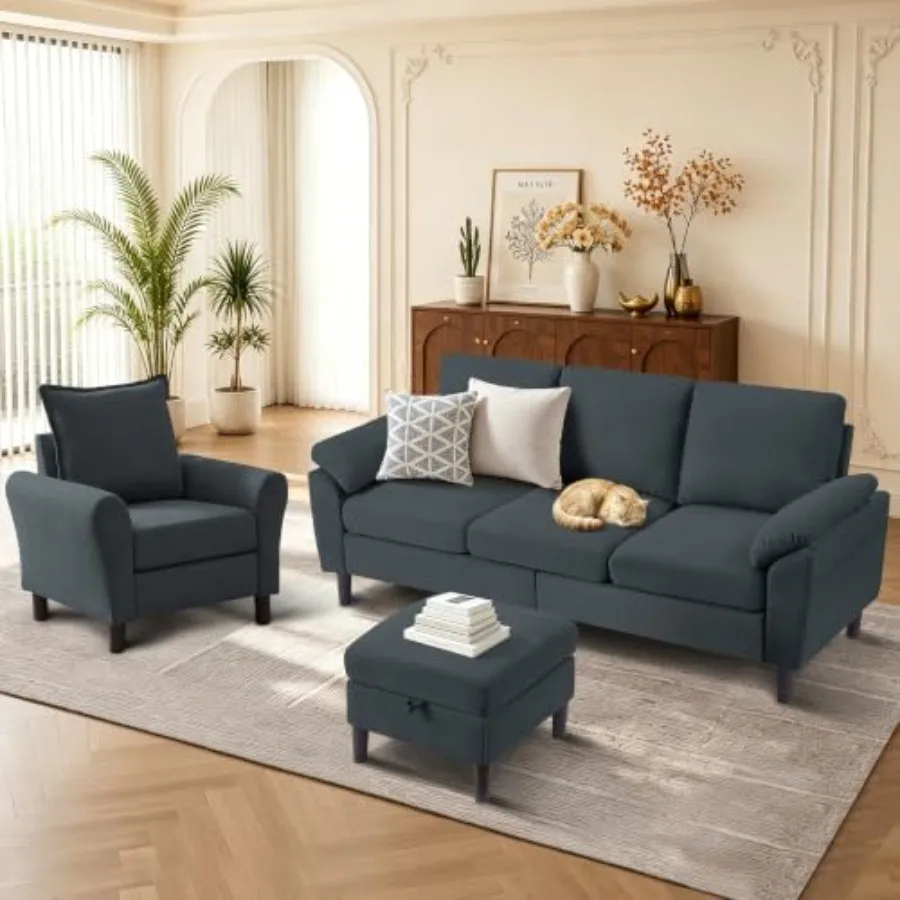 3 Pieces Sectional Sofa, Couch Set with Ottoman and Chair for Living Room