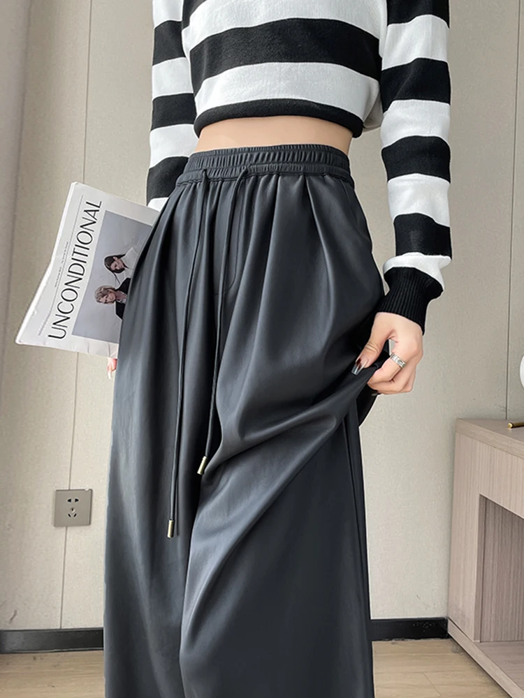 

Женские брюки из мягкой кожи с высокой талией, весенние, новые, стройнящие, повседневные, универсальные, с широкими штанинами