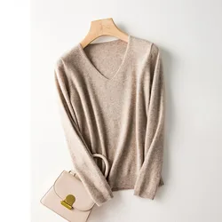 Autumn and winter new women's sweater 100% cashmere women's V-neck knitted pullover Korean version soft solid color women's top