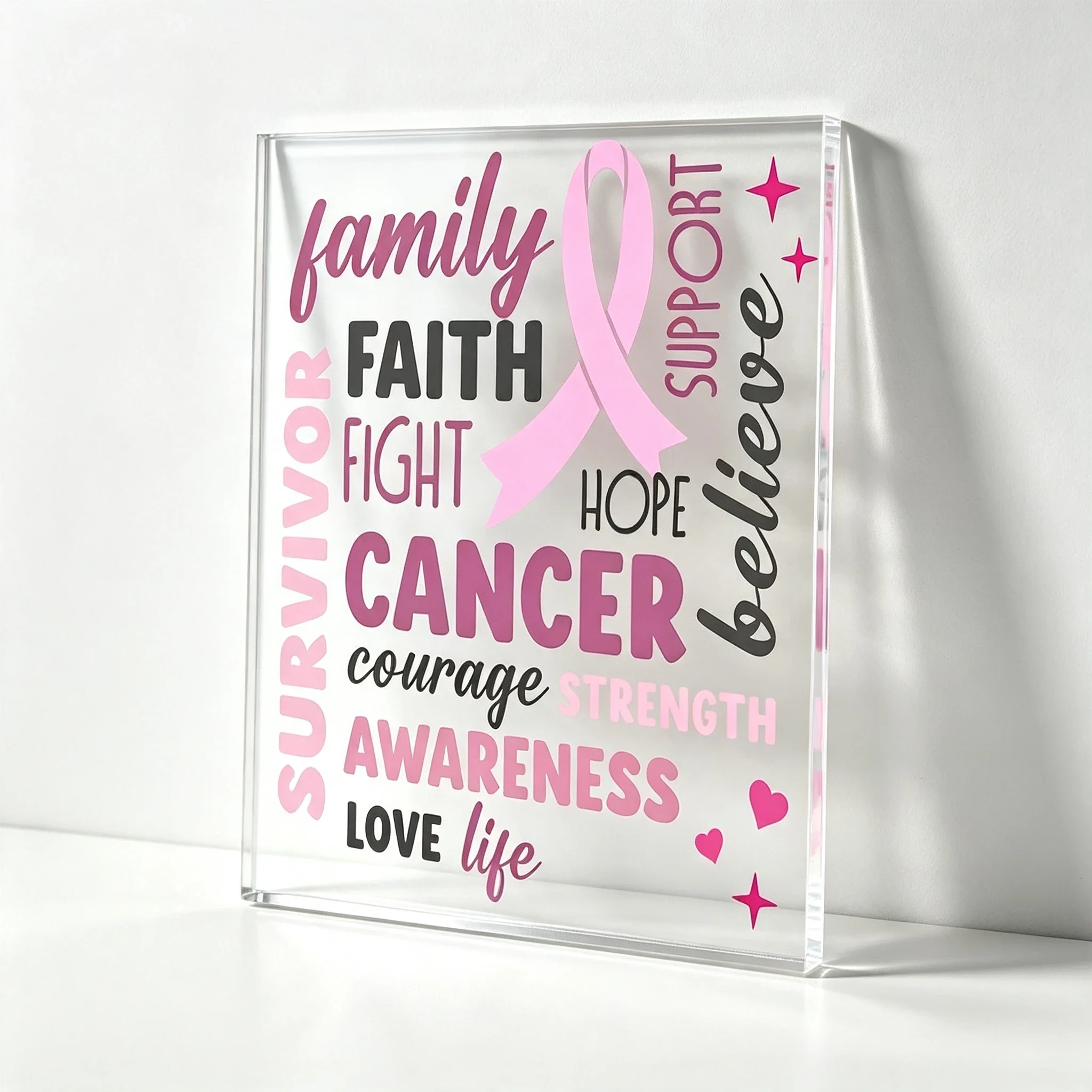 Inspirational Strength Courage Pink Ribbon Acrylic Block Home Decor,Pink Ribbon Breast Cancer Awareness Acrylic Block Plaque Tabletop Decor