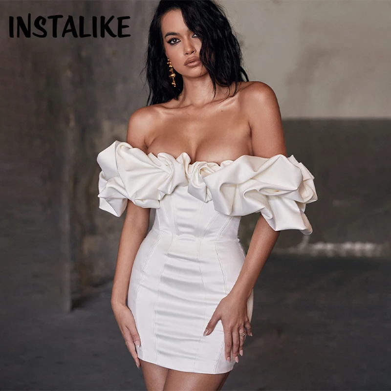 

InstaLike-Off Shoulder Ruffle Corset Mini Dress, Elegant Bodycon, Luxury, Summer Evening, Young Girl, Black, Fishbone, New