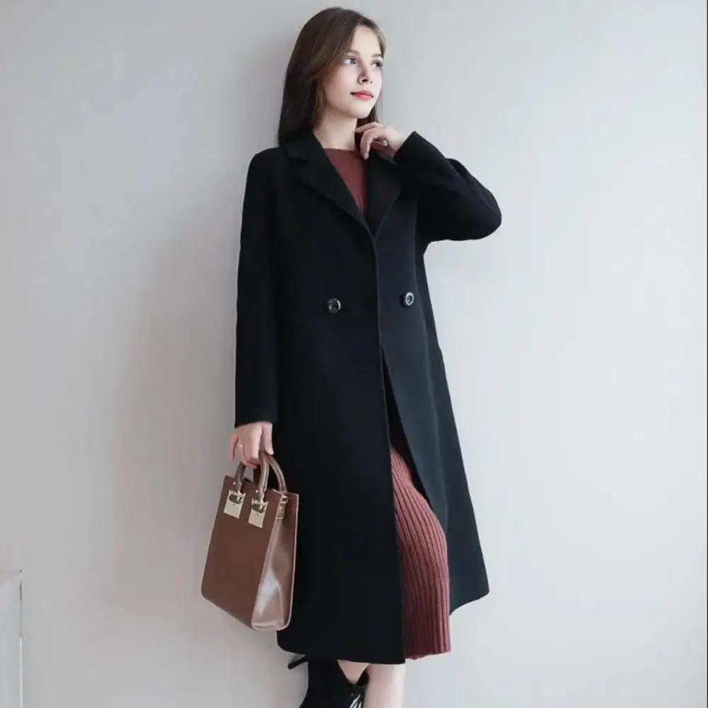 Women Wool Coat Solid Color Long Jacket Women's Wool Peacoat Mid-long Overcoat Casual Notch Lapel Trench Coat Thick