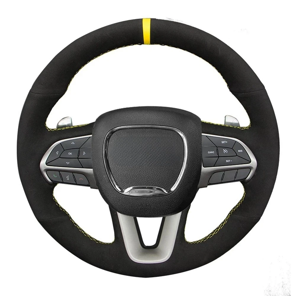 Anti-slip Black Genuine Leather Suede Car Steering Wheel Cover For Dodge Challenger Charger 2015-2021 Dodge Durango 2018-2021