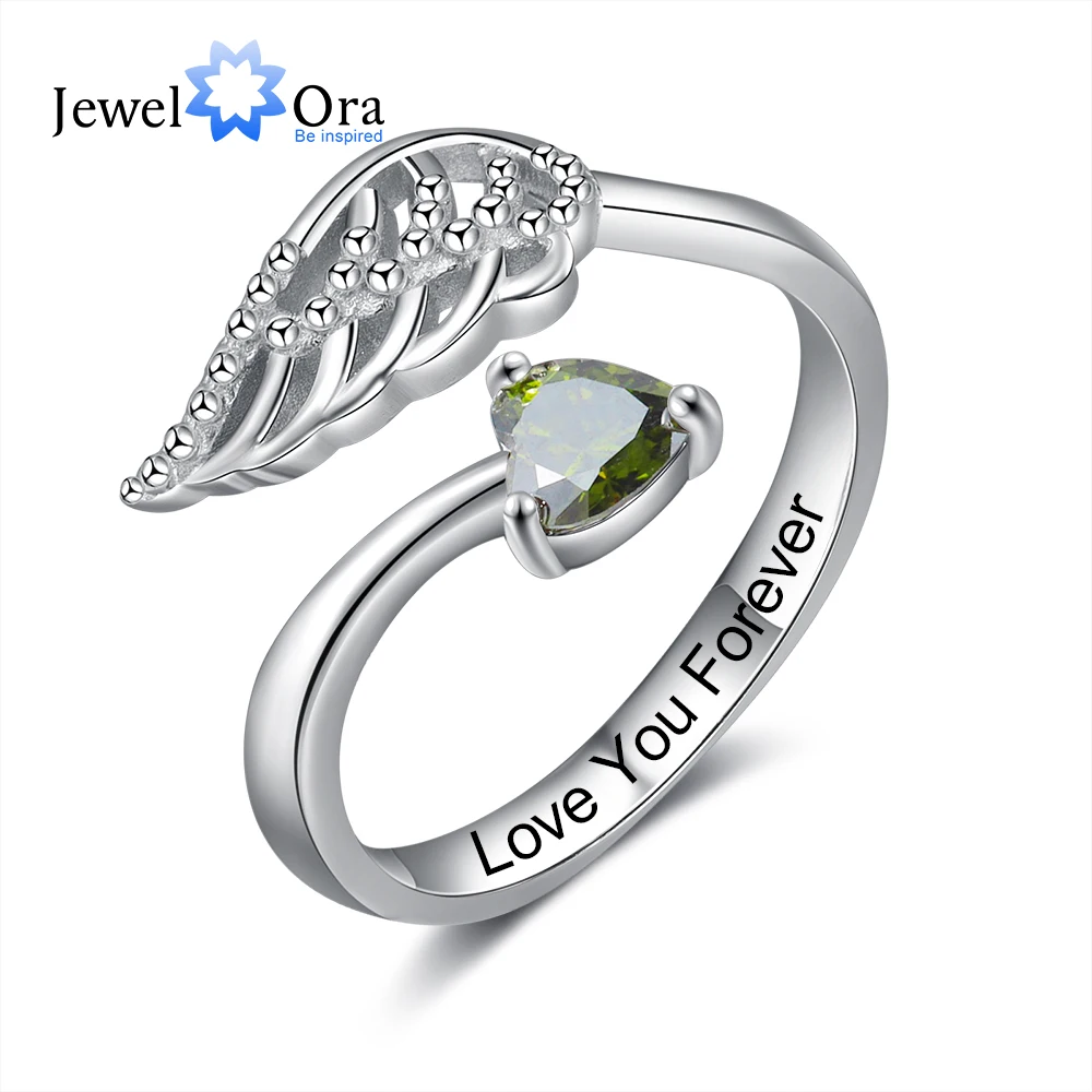 Silver Color Personalized Engraved Ring with Heart Birthstone Custom Angel Wing Rings for Women Anniversary Gifts for Her