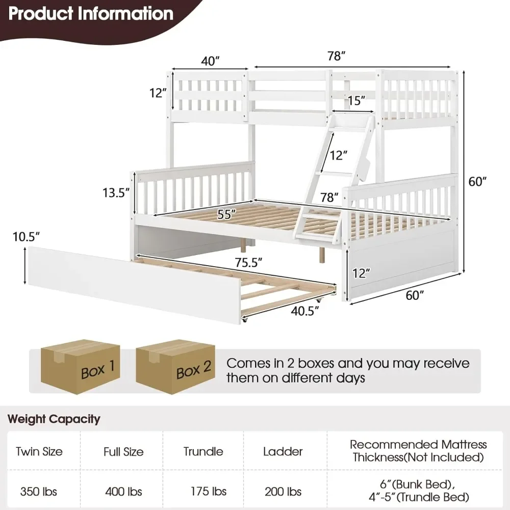 Twin Over Full Bunk Bed with Trundle, Solid Wood Bunk Bed with Ladder and Guardrails, Convertible to 2 Beds, Triple Bunk Beds