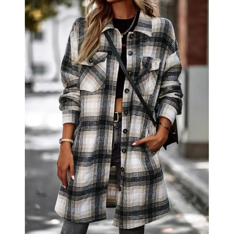 

Women's Plaid Long Sve irt Jaet Lapel Thiened Winter Coat Regular Size for Pear aped Body Pattern: ids