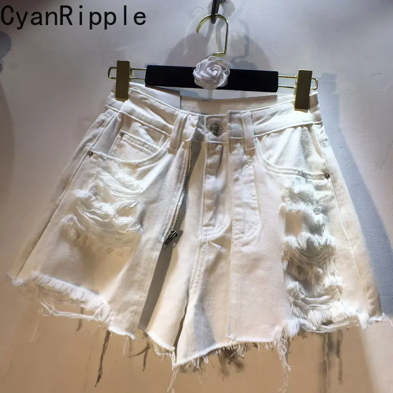 Spice Girls Summer Hot Short Jeans All-match Solid Color Double-layer High Waist Hole Tassel Casual Women A-line Denim Shorts