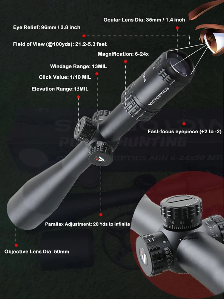 Victoptics 6-24X50 Mdl نطاق بصري للصيد مع ميزة قفل البرج نطاقات بندقية عجلة جانبية كبيرة مجانية للموازي الجانبي