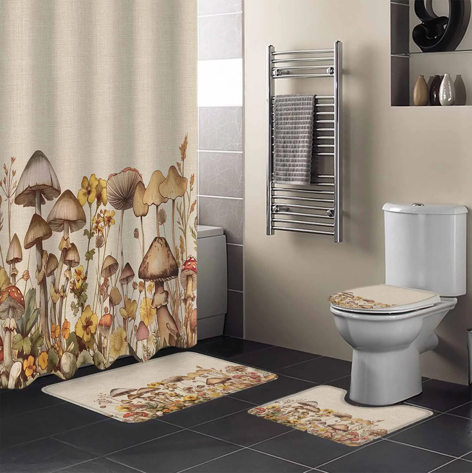 Plant Mushroom Flower Daisy Shower Curtain Set Non-Slip Rugs Bath Mat Toilet Lid Cover Waterproof Bathroom Curtain