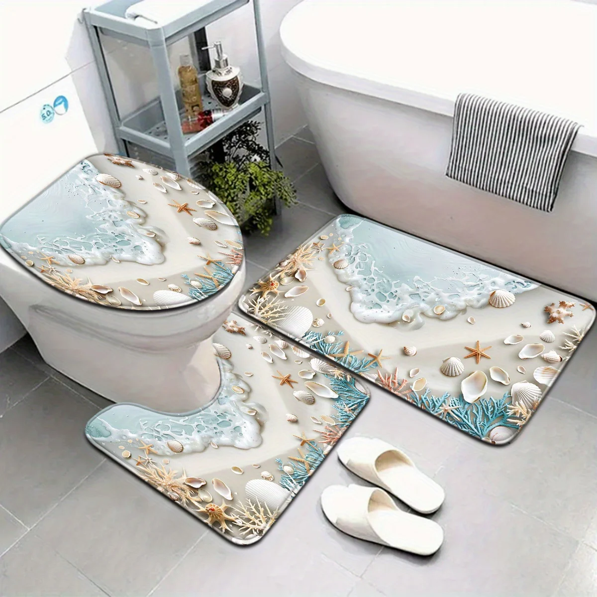 

Beach Seaweed and Shell Bathroom Set - Soft Non Slip Contour Mat, Toilet Lid, and Bath Mat, Suitable for Beach Style Home Decor