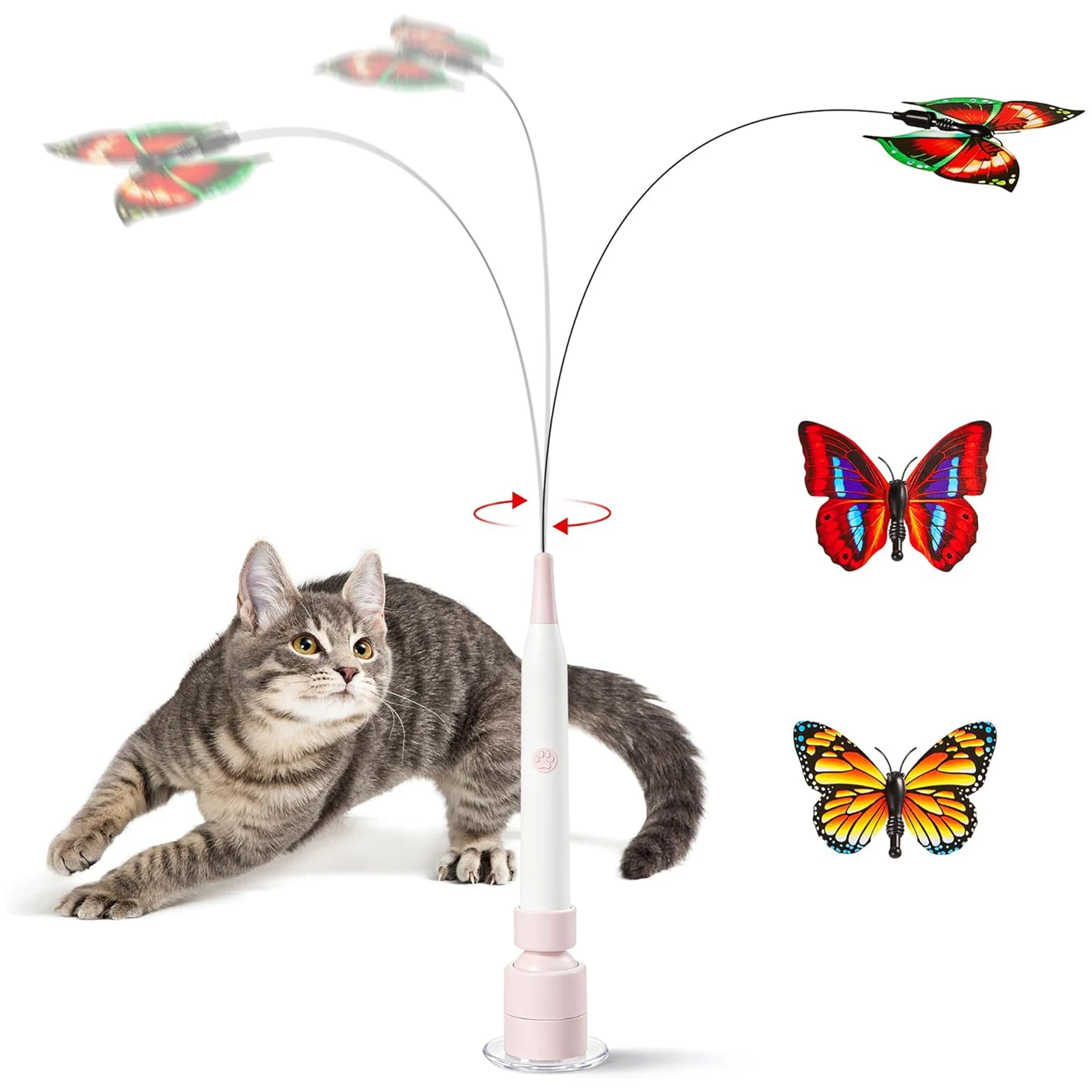 Mainan Kucing Flutter Bug dengan Suction Cup, Mainan Kucing Berputar Flutter, Tongkat Mainan Kucing Kupu-kupu Berputar untuk Kucing Dalam Ruangan