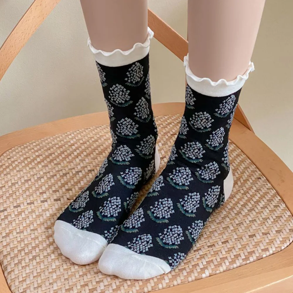 5 Pair Fashion Ruffle Hem Socks Women Gentle Sweet Stereoscopic Flower Print Long Socks Autumn Winter Daily Casual Funky Socks