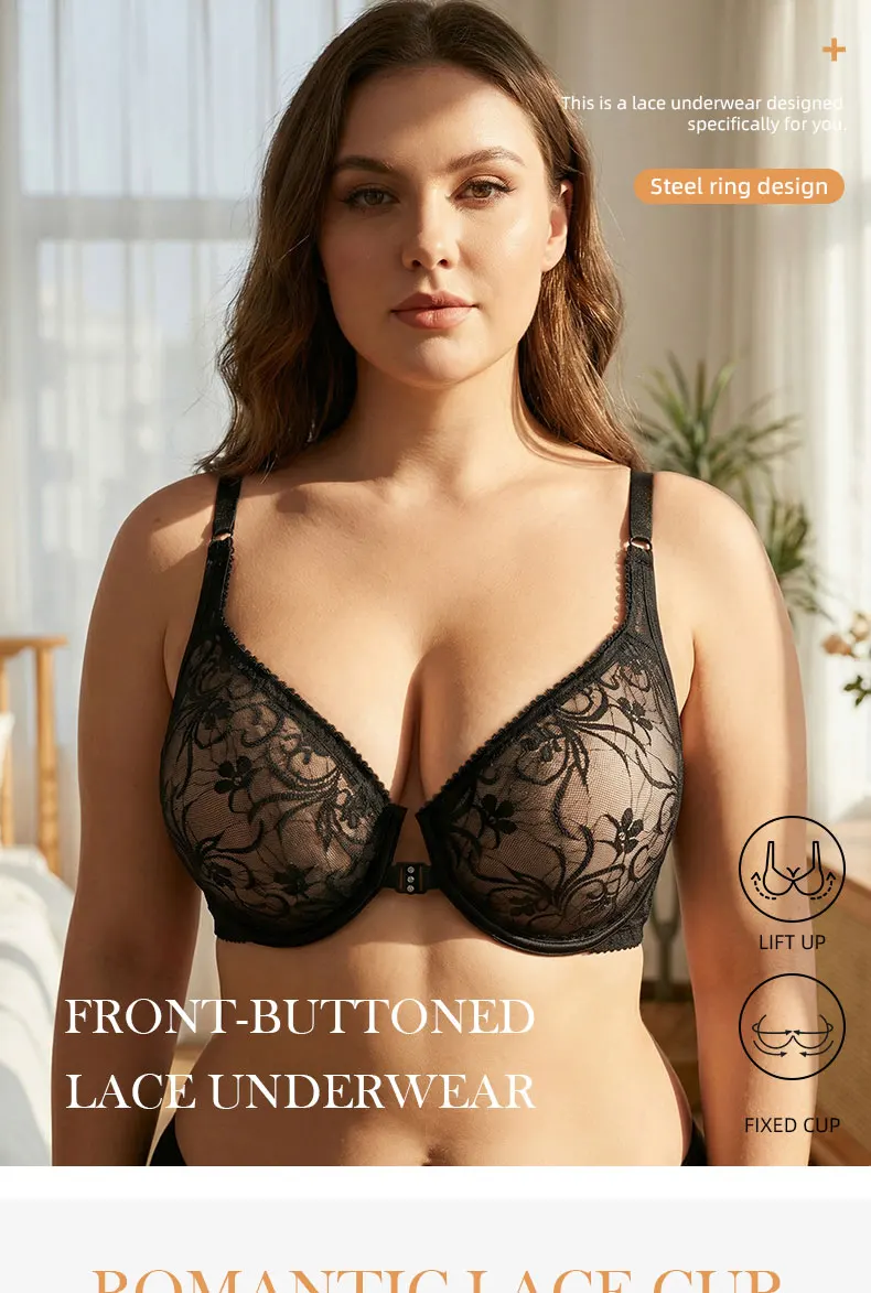 Damen-BH mit Spitze und Knöpfen vorne, Bügel-Unterwäsche, BH-Tops, elegante Stickerei, schöner Rücken, Übergröße, Dessous, Körbchengröße A B C D E F – Detail 1