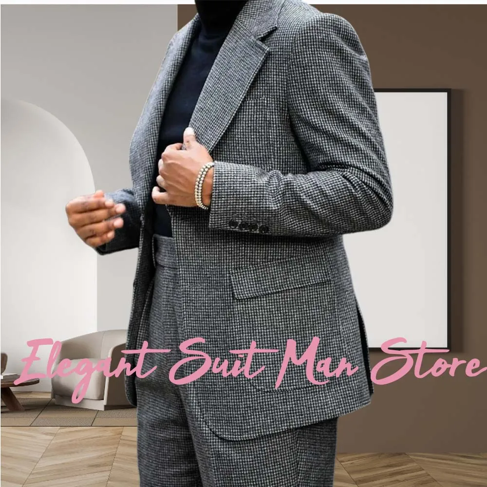 

Black Gray Houndstooth Men Suits 2 Piece One Button Peak Lapel Suit Slim Fit Formal Casual Party Wedding Tuxedo (Blazer+Pants)