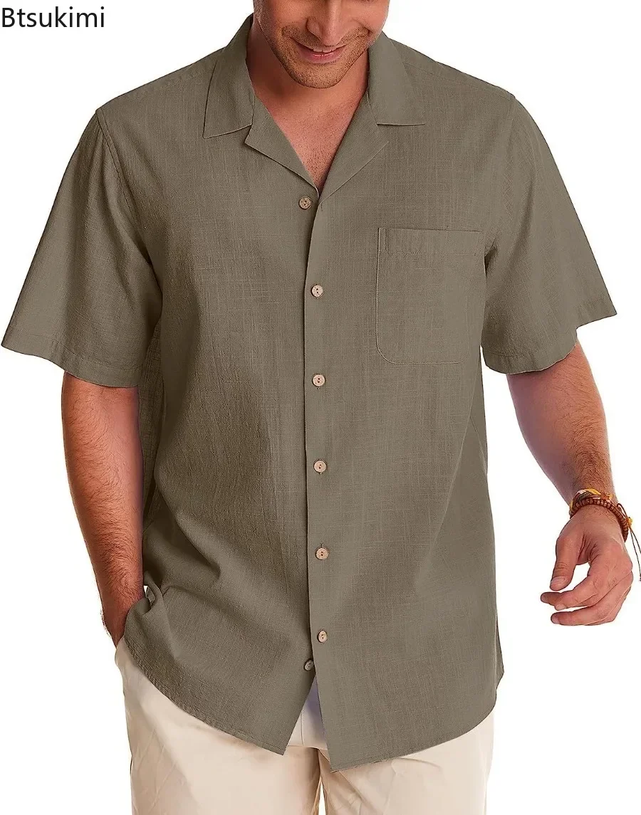 New2025 Camicia casual solida estiva da uomo Moda manica corta Risvolto Top semplici e traspiranti Comodo cardigan Uomo Camicetta da spiaggia allentata