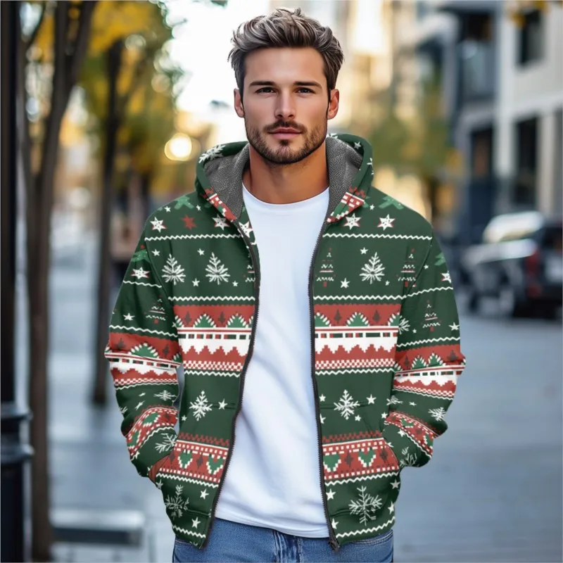 Men's Fleece Christmas Print Long Sleeve Zipper Hoodies Parkas Vintage Coat Jacket Winter Outerwear Streetwear