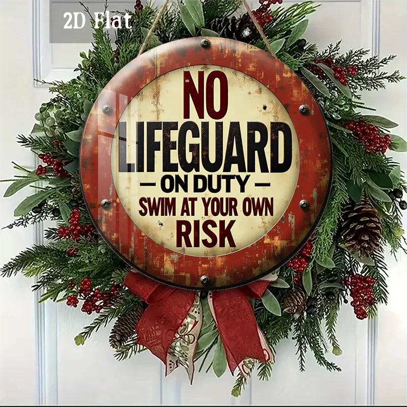 2D Flat, 1pc Rustic Decor Wood Panel Painting, Vintage Sign Round Wall Decor No Lifeguard Warning Round Wooden Decoration, Swimm