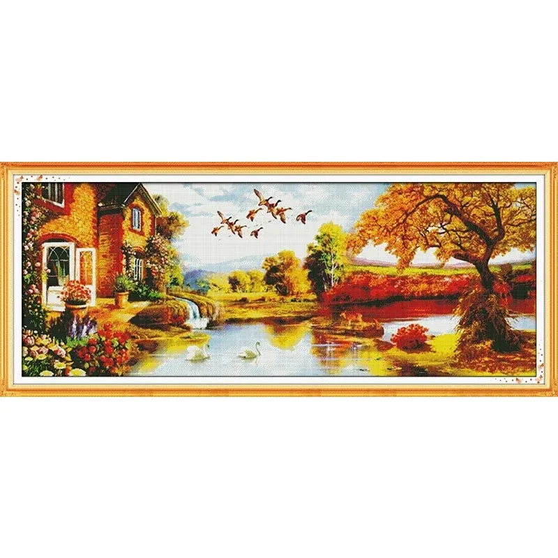 

Joy Sunday New Printed Cross Stitch Kit Easy Pattern Aida Stamped Fabric Embroidery Set-Golden Scenery(3)