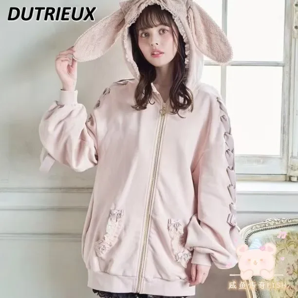 Japanese Embroidered Rabbit Ears Hooded Bow Pendant Jacket Mining Series Mass- produced Zipper Loose Long-sleeved Coated Top