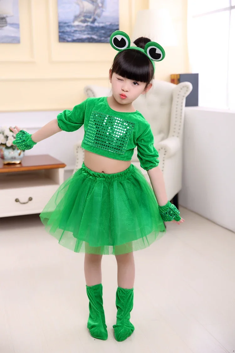 어린이 작은 개구리 공연 의상 녹색 긴팔 동물 의류 소년과 소녀를위한 스팽글 투투 스커트 투투 스커트