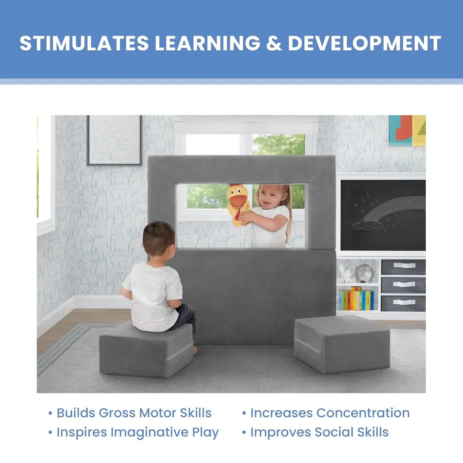 Conjunto de sofá e brincar para crianças e crianças, sofá modular de espuma e espreguiçadeira dobrável com 2 otomanos, cinza