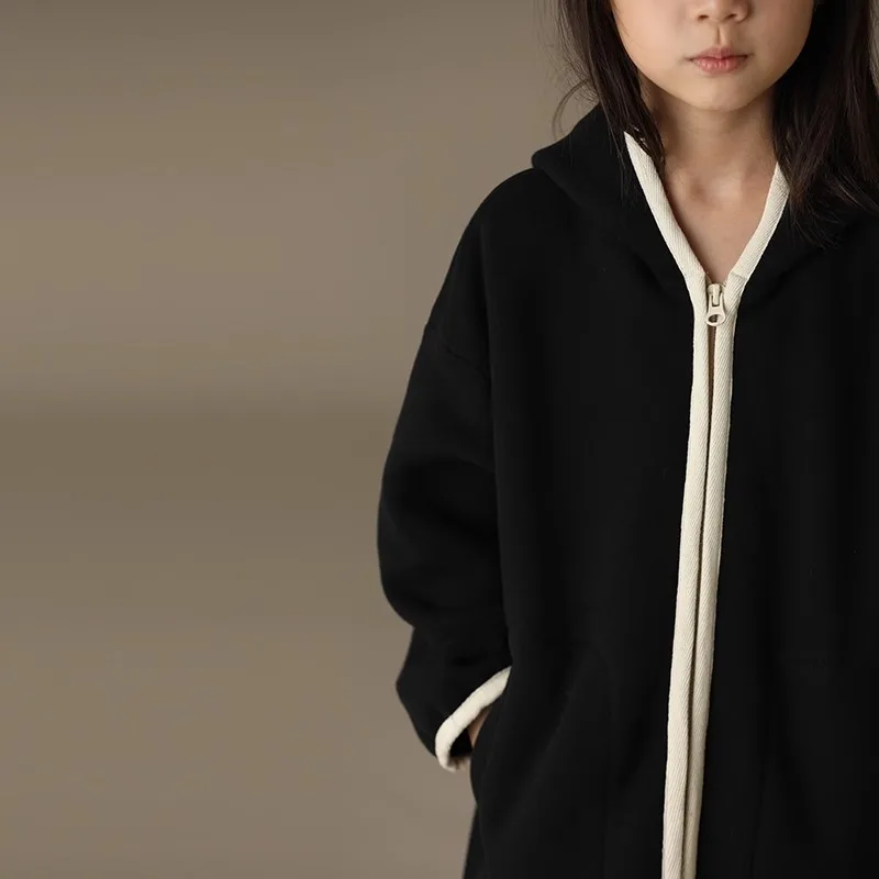 Black Unisex Hooded Sweatshirt Parent-child Zip Up Hoodie Casual Long Sleeve Jacket Lightweight Sweatshirt with Pockets