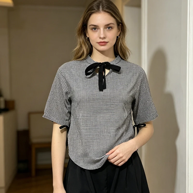 

Стильная женская блузка больших размеров в корейском стиле, свободный крой, лето 2026, с V-образным вырезом, рукавом до локтя и черным бантом