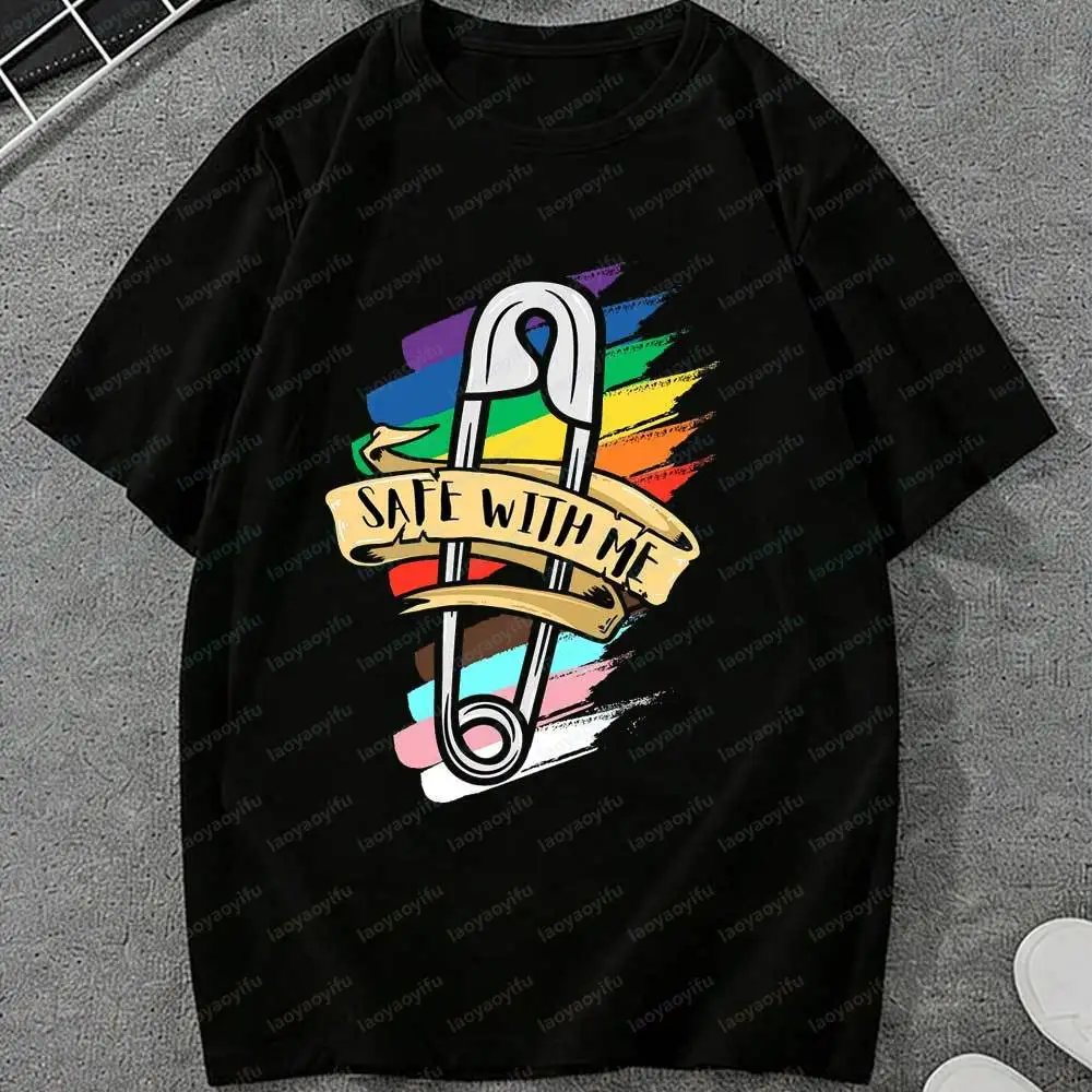 LGBT Safe with Me Rainbow Safety Pin T-Shirt Pride Ally Support Print Cotton Short Sleeve Tee for Men Women LGBTQ+ Graphic Tops