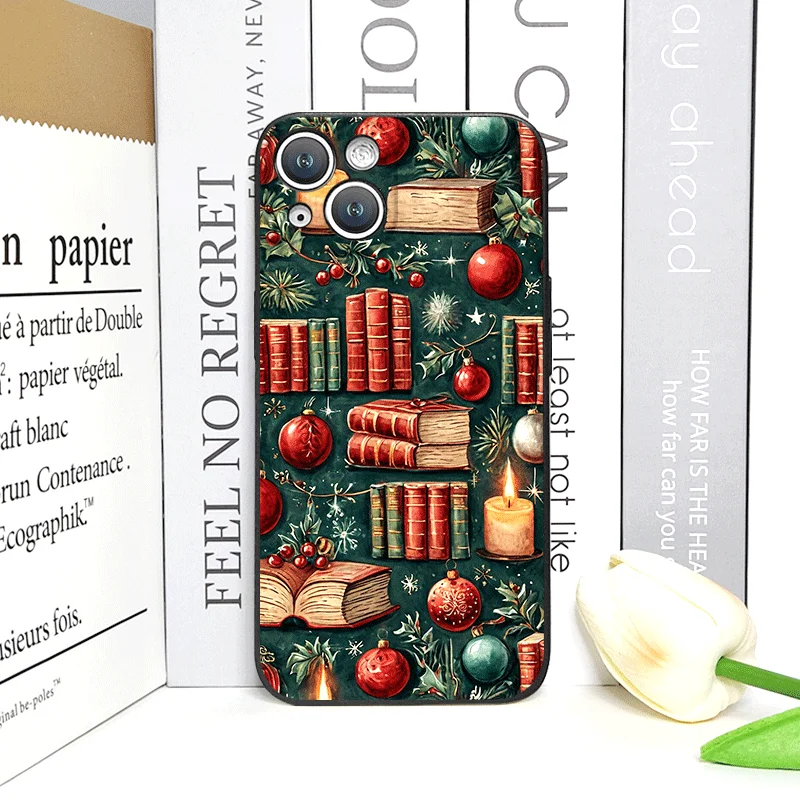 เคสโทรศัพท์ลายหนังสือตกแต่งคริสต์มาสสำหรับ iPhone 16 12 11 14 13 15 Pro Max Mini X XS XR SE2 7 8 Plus แบบนิ่ม