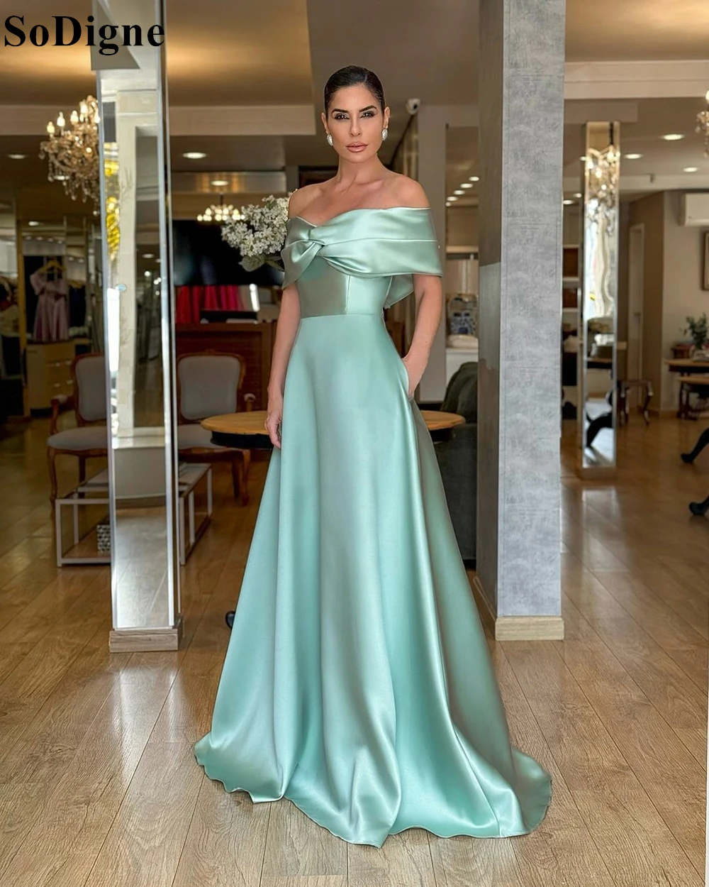 SoDigne Elegant A-Line Satin Evening Dresses Off Shoulder Pleated Simple Party Dress 2024 Formal Occasion Prom Gown Custom Color