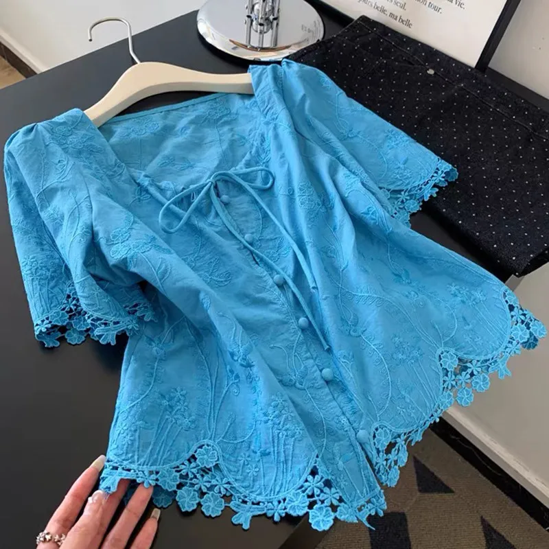 

French Style Women V Neck Dobby Floral Lace Patchwork Blue Short Sleeve Top Shirt , Woman Embroidery Cotton Linene Tops Shirts