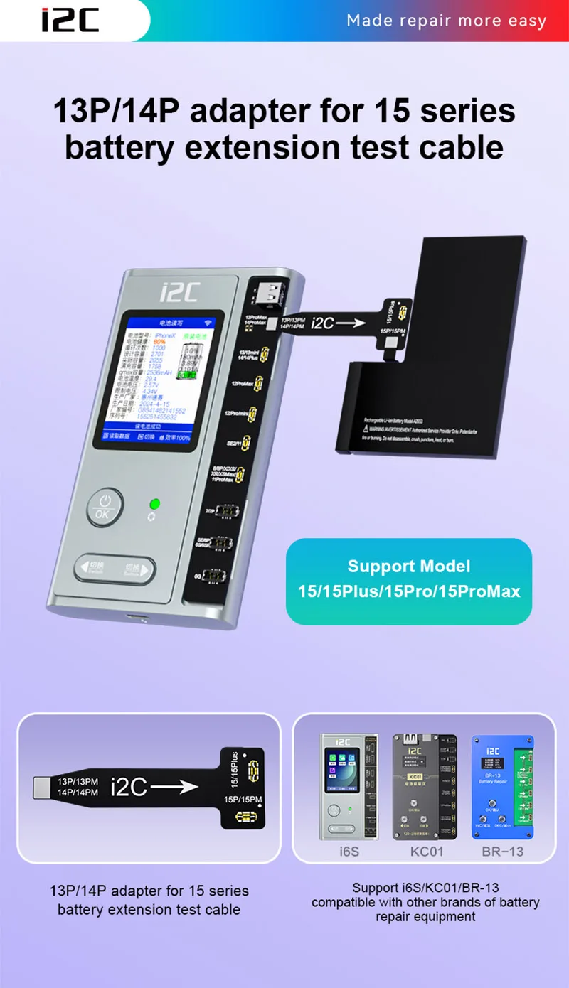 Adapter i2C 13P/14P do IP15 15Plus 15Pro 15ProMax Przedłużacz do naprawy baterii kompatybilny z I6S KC01 BR-13