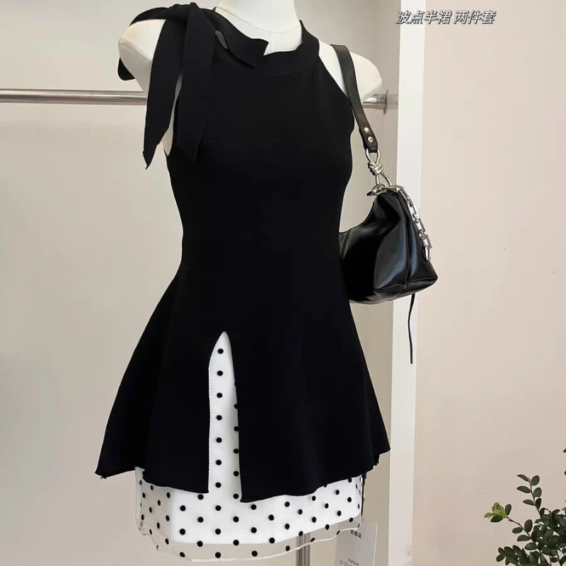 Summer Korean Y2K Skirts Suits Women Elegant Bow Knit Vest Tops Matching Polka Dot High Waist Mini Skirt Ladies Gothic Clothing