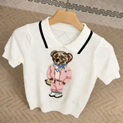New Fashion Casual Knitted Top Women Pink Cartoon Bear Embroidery Lapel Short Sleeve Pullover Sweater Spring Summer Knitwear
